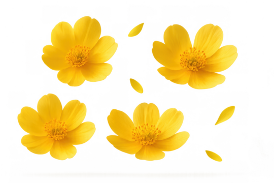 Yellow buttercup flowers and delicate petals floating, creating a vibrant spring and summer floral design element with a transparent background