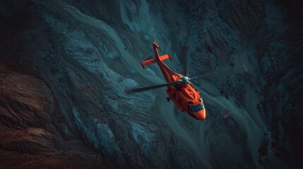 Red rescue helicopter flying over dramatic mountain canyon landscape at dusk, aerial emergency aircraft in dark blue and orange light contrast
