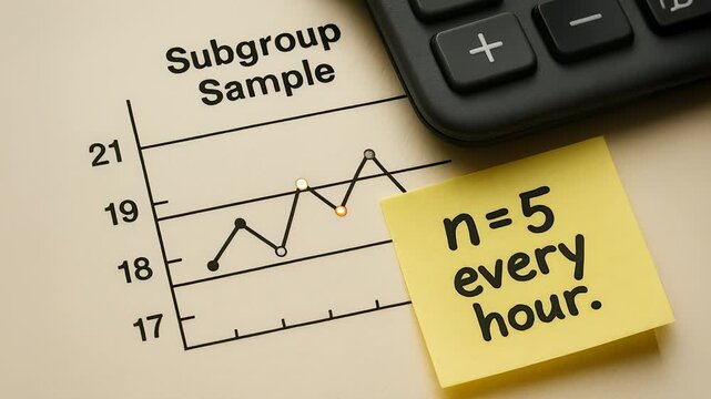 Subgroup sample control chart manufacturing quality control trend data graph statistic with sample points note calculator and sampling frequency