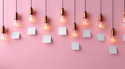 Performance and solution in teamwork management are illuminated by creative programming and research with glowing light bulbs and blank notes on pink background