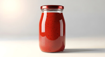 Glass Jar Filled with Red Sauce and Red Metal Lid on White Background container food