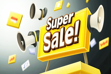 3D, Bright promotional banner featuring "Super Sale!" with loudspeakers, ideal for advertising discounts and sales events.
