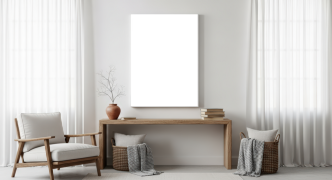 Cozy Living Room Scene With Blank Canvas And Two Chairs Neutral Tones Natural Light