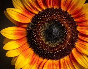Close-up of a sunflower with a bee, showcasing textures and colors