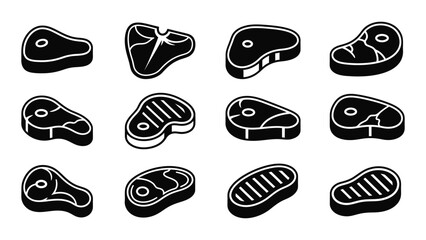 Meat steaks silhouette icon set isolated on white background, Vector