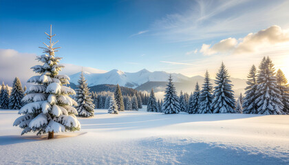 Fototapeta premium Stunning view of snow-covered pine trees in a vast field, bathed in the bright morning sun, with dramatic, snow-capped mountains in the background.