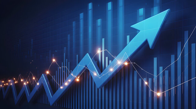 Blue arrow graph showing upward trend and growth, representing financial success and economic progress - Powered by Adobe