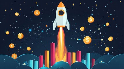 Rocket launch with money coins flying around the city at night time