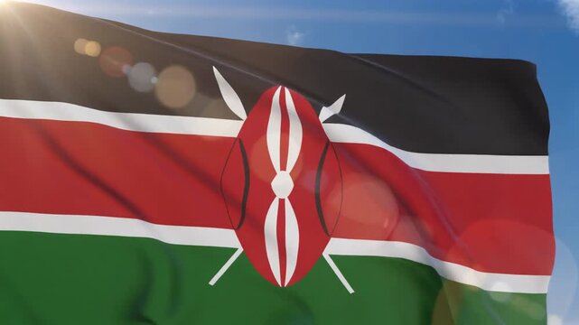 Waving Flag of Kenya Against Blue Sky