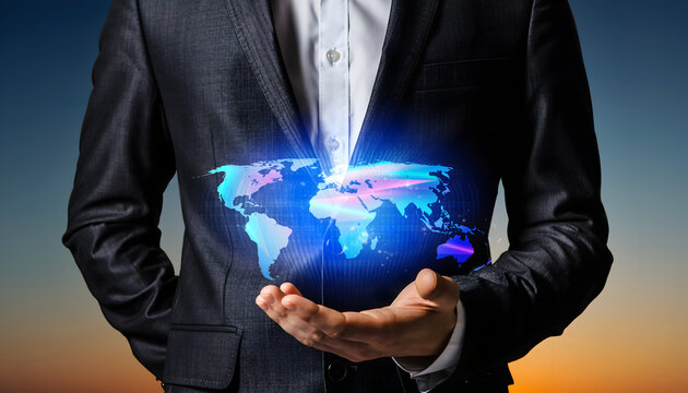 Businessman Holding Digital Holographic World Map - Powered by Adobe