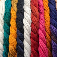 Close-up of colorful spun threads arranged in a vertical pattern