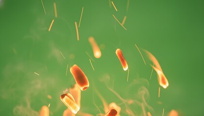 A green background with flying embers and smoke creating a dynamic and fiery visual effect in the air