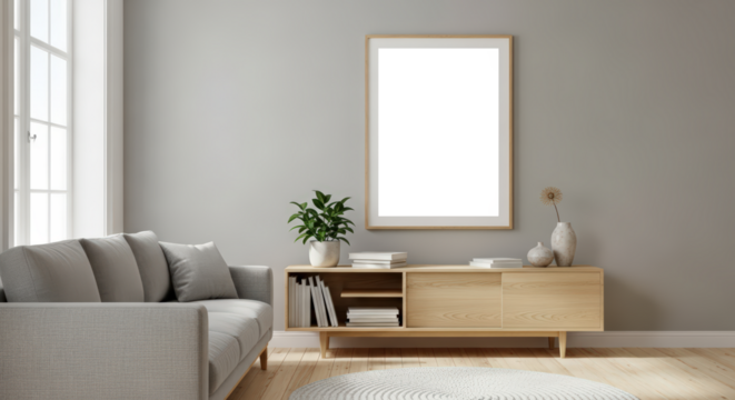 Cozy Living Room With Grey Sofa and Wooden Cabinet Featuring A Blank Frame And Large Window With Natural Light