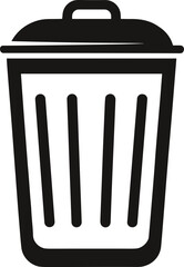 Black and white trash can icon, simple waste bin vector illustration, minimal garbage container design, delete symbol artwork, recycling disposal graphic
