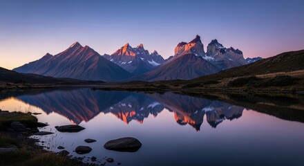 Dramatic mountain range reflecting in calm water during sunset