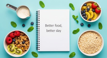 Healthy Food and Notebook on a Blue Table Showing Better Food Ideas