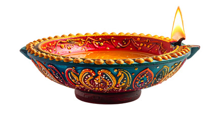 Fototapeta premium Beautifully Hand-Painted Clay Diya Oil Lamp with Burning Flame Isolated