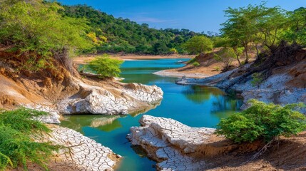Obraz premium Serene Lake Landscape: Turquoise Water & Cracked Earth - nature travel
