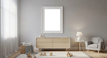 Cozy Nursery Room With Mockup Frame Featuring Soft Gray Walls A Wooden Cabinet And A Comfy Armchair