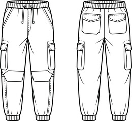 Cargo pants sketch, drawstring waist, flap pockets, knee patches, elastic cuffs, fashion cad drawing, vector apparel illustration, cad drawing flat vector illustration