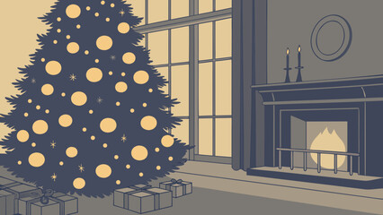 A christmas tree with ornaments and presents next to a fireplace with candles and window view indoors