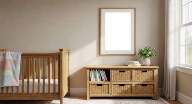 Cozy Nursery Scene With Wooden Crib Bookshelf And Blank Picture Frame Illuminated By Natural Light