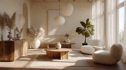 Zen Living Room with Washi Pendant Lights and a Houseplant / 和紙ペンダントライトと観葉植物のある禅リビングルーム