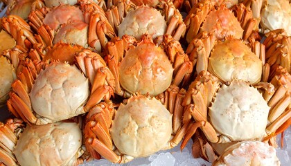 Close-up of cooked crabs arranged in a dense, appetizing display