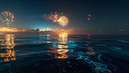 Spectacular fireworks illuminate the night sky over a serene ocean, reflections dancing on the water's surface, magical celebrations and vibrant festivities