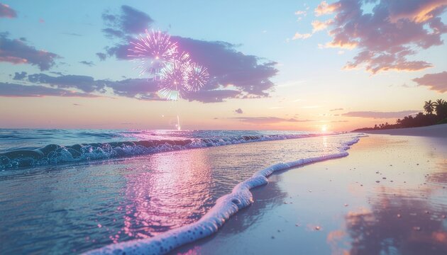 Celebrate summer fun with fireworks over an ocean sunset, a vibrant beach scene perfect for vacations, holidays, and festive occasions