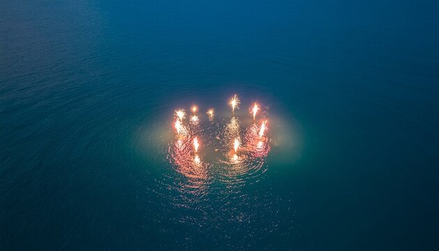 Experience the magic of water fireworks creating a stunning display of light and reflection on the serene blue water surface for events and celebrations