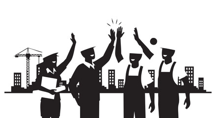 A team of construction workers celebrates a successful project completion, raising their hands in a gesture of unity and achievement.