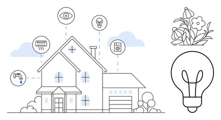 Modern house with connected devices for climate control, security, lighting, and water management. Ideal for technology, sustainability, energy efficiency, remote control, innovation smart living