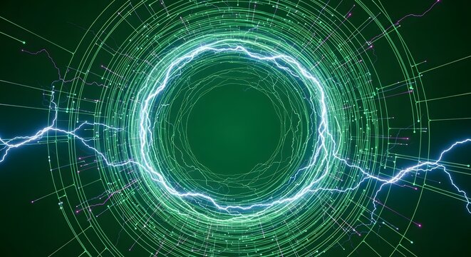 A green abstract background with circular patterns and lightning strikes in the center of the image