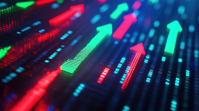 A symbolic scene of red and green arrows crossing over a stock dashboard, representing competing market forces in the business world