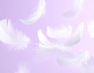 Obraz premium Soft, fluffy white feathers floating on a pastel purple background