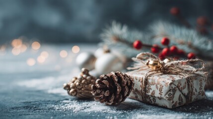 Fototapeta premium A beautifully wrapped gift sits among pine cones and festive decorations, evoking a cozy winter atmosphere with twinkling lights.