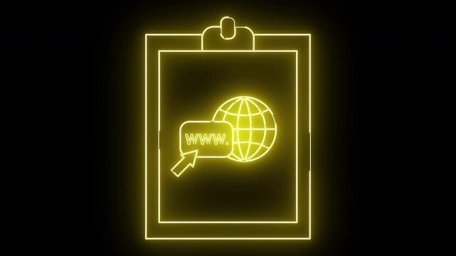 A neon yellow image of a clipboard holding a globe and WWW text