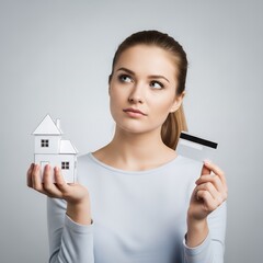 Woman holding paper house and credit card, thinking about home loan