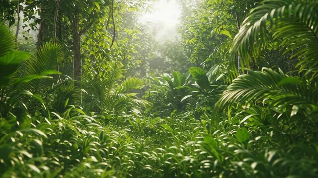 Lush green rainforest canopy sunlight forest interior