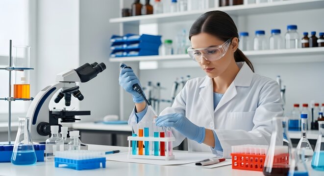 Female scientist in lab coat and gloves examining test tubes in a laboratory with various scientific equipment.