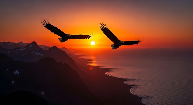 Silhouette of two eagles flying over a serene ocean at sunset with mountains - Powered by Adobe