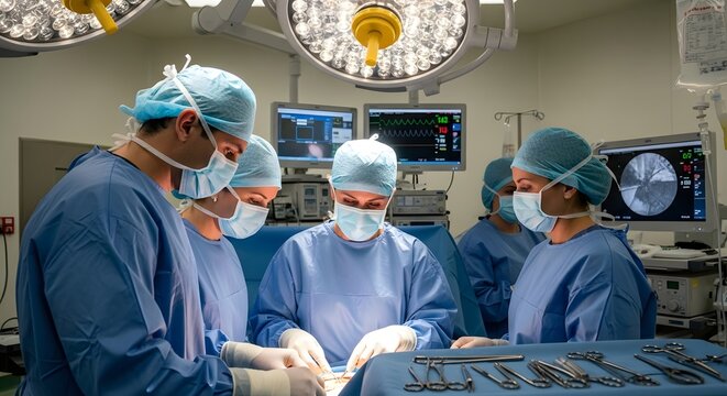 Surgeons in blue scrubs and masks gathered around a patient in an operating room with medical equipment.
