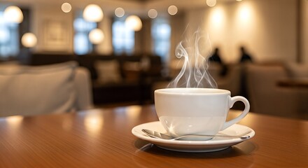 Fototapeta premium Steaming Hot Coffee Cup on Wooden Table in Cozy Cafe.