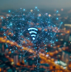 Background image shows a 5G global network technology communication antenna tower for wireless high speed internet. Future proof fastest internet technology is LTE aerial network connection  - ai