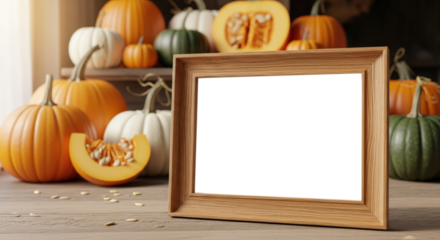 Empty Wooden Frame Surrounded by Assorted Pumpkins on a Rustic Table With Soft Sunlight