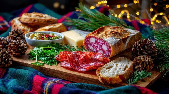 Holiday Charcuterie Board: Salami, Cheese, Bread, Christmas