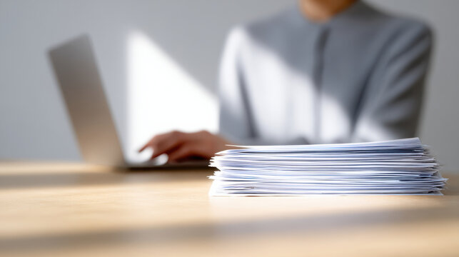Stack of paper on desk with person working on laptop in background showing monthly payment concept