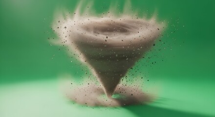 Fototapeta premium A swirling vortex of dust and debris against a vibrant green backdrop creates a dynamic composition