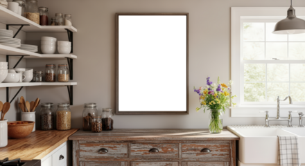 Farmhouse Kitchen Countertop with Empty Frame and Flowers in Vase Natural Light
